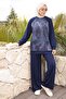 Navy Blue Front Batik Patterned Raglan Sleeve Tunic with Trousers Modal Set - 3