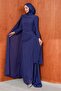 Navy Blue Cape and Rose Detailed Chiffon Evening Dress - 4