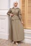 Oil Green Belted Buttoned Shirt and Skirt Set