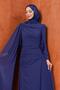 Navy Blue Cape and Rose Detailed Chiffon Evening Dress - 2