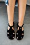 Minose Genuine Leather Buckle Detail Flat Sole Sandals Black - 3