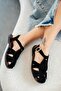 Minose Genuine Leather Buckle Detail Flat Sole Sandals Black - 2