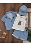 Hat and Teddy Bear Printed Lycra Bodysuit, Flexible Lycra Denim Fabric, 4-Piece Set - 2