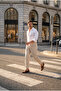 Men's Boyfriend Style Pleated Double-Legged Beige Fabric Trousers Mz-1023 - 3