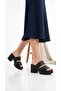 Women's Black Platform Heeled Double Strap Slippers Ayk1028