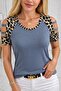 Women's Short Sleeve Round Neck Viscose Blouse with Stripe Detail on the Sleeves and Leopard Print - 3