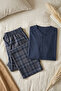 Men's 100% Cotton Ghost Pajama Set Long Sleeve Buttoned Collar Combed Cotton Top with Plaid Pants Home Wear Set - 5