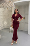 Women's Burgundy Flywheel Detailed V-Neck Blouse Midi Skirt Bottom Top Double Summer Fabric Knitwear Set (Size S) - 3