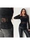 Women's 2-Piece Advantageous (Black-Brown) Floral Patterned Long Sleeve Tulle - Transparent Stylish Flexible Night Blouse - 2