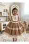 Girl's Light Brown Vintage Cotton Lace-Up Birthday Dress + Buckle