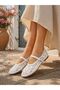 Women's White Pearl Embroidered Floral Patterned Beaded Transparent Tulle Comfortable Ballerinas - 3