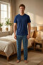 Men's 100% Cotton Ghost Pajama Set Short Sleeve Buttoned Collar T-Shirt with Plaid Pants Summer Home Wear Set