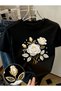 Yellow Color Pearl Detailed Rose Printed Premium Oversize T-Shirt