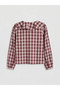 Burgundy V-Neck Flounced Plaid Blouse - 2