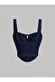 Navy Blue Embroidered Patterned Chest-Cut Out Front Lace-Up Strap Crop Top, Navy Blue Scallop Embroidered Corset Crop Top - 4