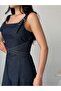 Navy Blue Strappy Cross Belted Denim Midi Dress - 6