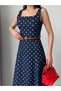 Navy Blue Square Neck Polka Dot Belted Dress - 5