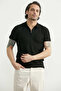 Ribbed Polo Collar Zipper T-Shirt - Black - 2