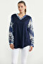 Plus Size Chiffon Combination V-Neck Blouse - Navy Blue