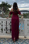 Women's Burgundy Strapless Neckline Pearl Embroidered Long Promise Engagement Wedding Dress - 5