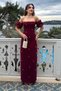 Women's Burgundy Strapless Neckline Pearl Embroidered Long Promise Engagement Wedding Dress - 2