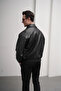 Detachable Collar Oversized Leather Coat with Shirt Collar - 5