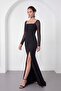 Women's Black Square Neck Lace Long Fishtail Evening Dress - 2