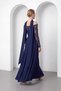 Women's Navy Blue Slim Fit Boat Neck Lace Detail Long Evening Dress - 5