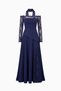 Women's Navy Blue Slim Fit Boat Neck Lace Detail Long Evening Dress - 6