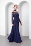 Women's Navy Blue Slim Fit Boat Neck Lace Detail Long Evening Dress - 2