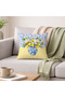 Lemon Patterned Cushion Cover in a Tile Vase on a Blue Floral and Yellow Striped Background (43X43 cm)