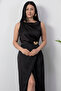 Oval Neckline Waist Buckle Satin Dress Grs3940 - 2