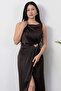 Oval Neckline Waist Buckle Satin Dress Grs3940 - 2