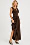 Elegant V-Neck Brown Maxi Dress with Ruffle Detail - 3
