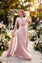 Women's Powder Chiffon Flowy Cape Sleeve Long Evening Dress - 5