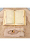 Lined Chenille Prayer Rug + Shawl + Prayer Beads + Zikirmatik + Hafiz Boy Quran Gift Set (Gold) - 3