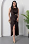Oval Neckline Waist Buckle Satin Dress Grs3940 - 4