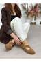 Camel Genuine Leather (Alevo) Low-Cut Cut-Out Gold Adjustable Buckle Detailed Women's Shoes - 8