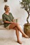 Khaki V-Neck Short Sleeve Buttoned Collar and Cuff Ruffles Casual Muslin Oversize Woven Blouse 77 70 - 4