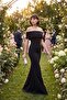 Women's Black Boat Neck Long Evening Dress - 5