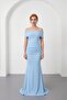 Women's Baby Blue Boat Neck Long Evening Dress - 2