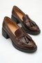 Tasseled Heels in Brown Genuine Leather Women's Shoes with Real Leather Inside and Out, Tasseled Heels with Pompoms