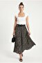 Women's Event Belted Waist Elastic Pocketed Viscose Black Long Polka Dot Woven Skirt