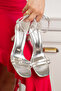 Silver Color Women's Evening Dress Shoes Double Strap Ankle Strap Thick Heeled Sandals