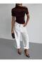 Women's Bitter Brown Front Tulle Boat Neck Short Sleeve Sandy Fabric Blouse - 2