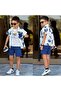 Boy's 3-Piece Summer Shorts Set – Patterned Shirt, Printed Undershirt and Shorts Combination 11733 Blue