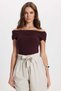 Women's Slim Fit Slim Fit Cotton Boat Neck Short Sleeve Lycra Burgundy Blouse - 3