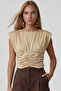 Beige Crew Neck Draped Detailed Padded Sandy Blouse Alc-X15485