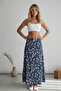 Women's Navy Blue White Patterned High Waist Flared Long Skirt