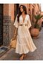 V-Neck Front Tie Lace Detail Bat Sleeve Linen Fabric Skirt and Bluse Set - 2